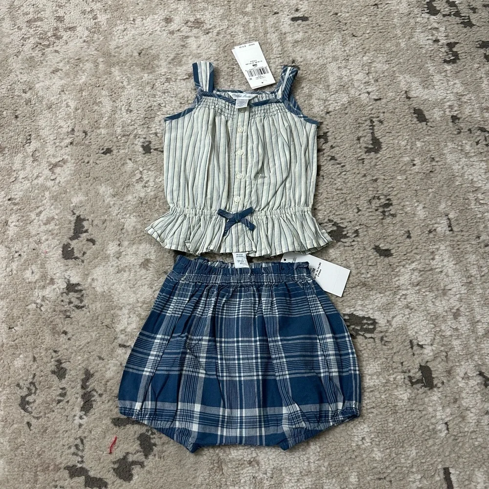Ralph Lauren Baby Girls Striped Cotton Top & Plaid Bloomer Set Size 9 Months